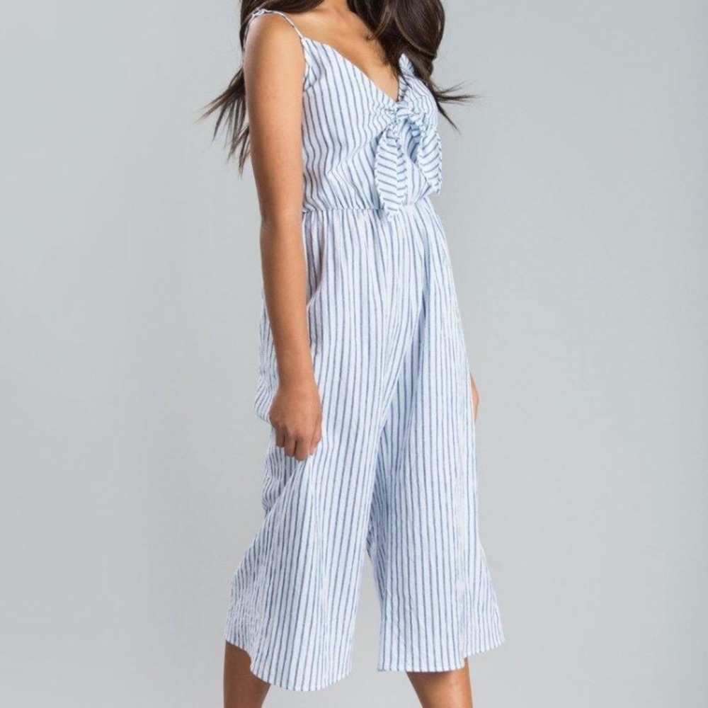 Katie Blue Stripe Tie Front Jumpsuit